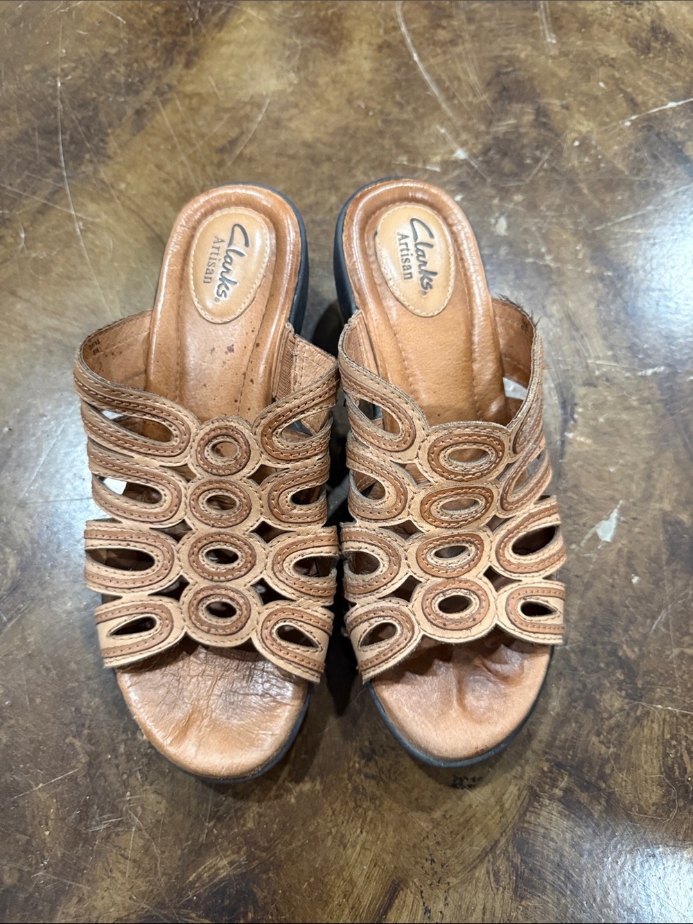 Clarks Artisan Brown Leather Cutout Slide Mules